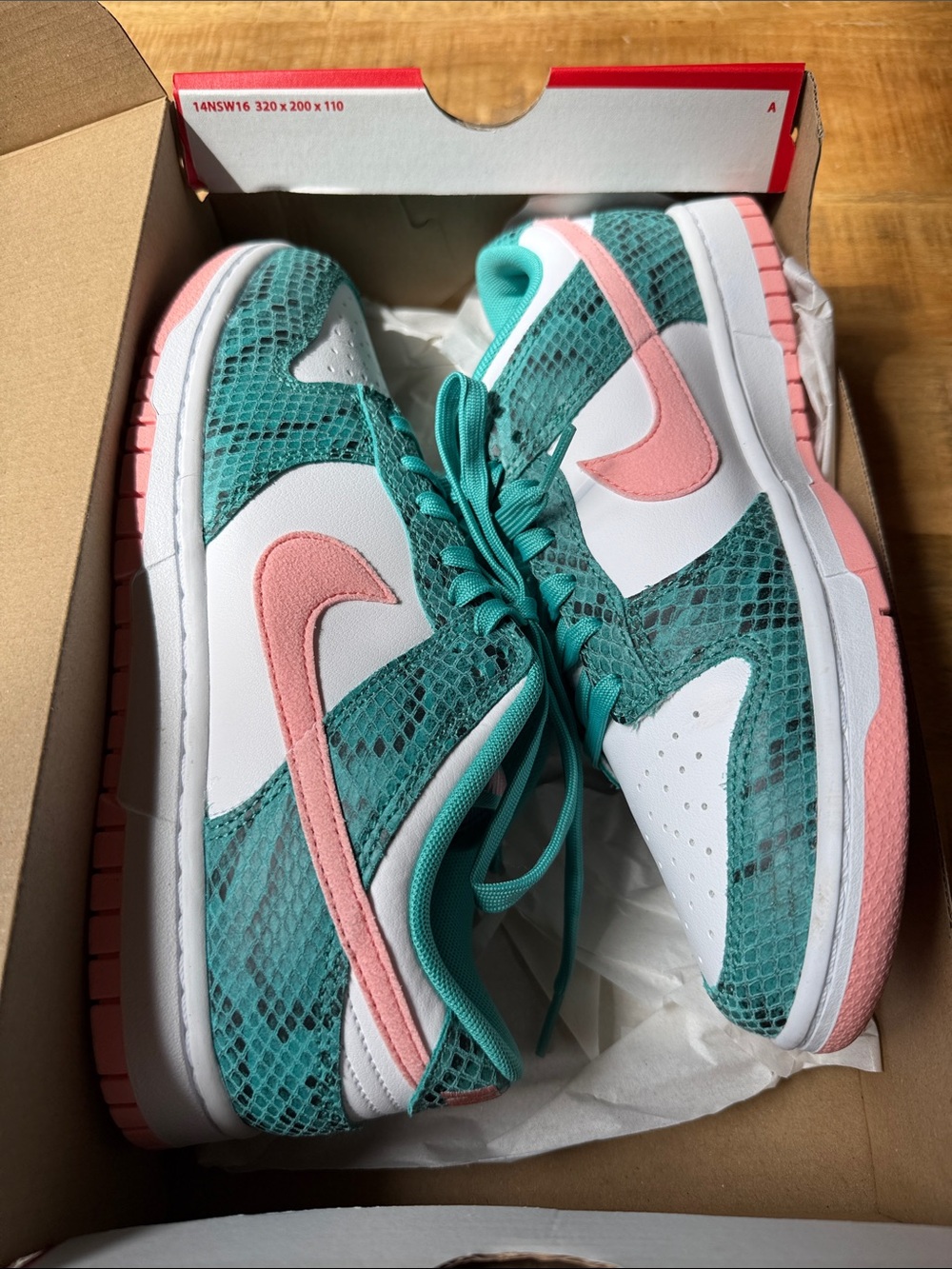 Women’s Nike Dunk Low-Top Sneakers in Teal Snake and Pink